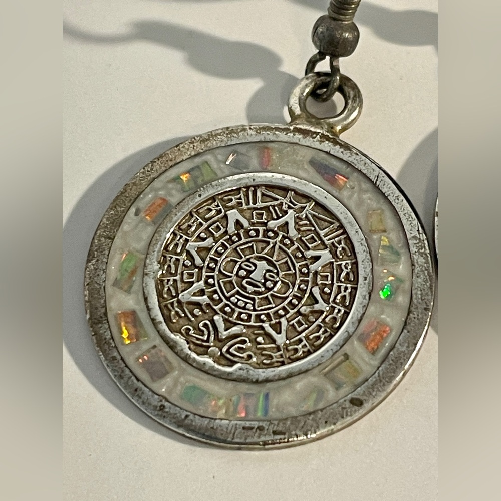 Vintage Sterling Silver & Opal Inlay Aztec Sun Calendar Earrings Made in Mexico - Picture 4 of 11